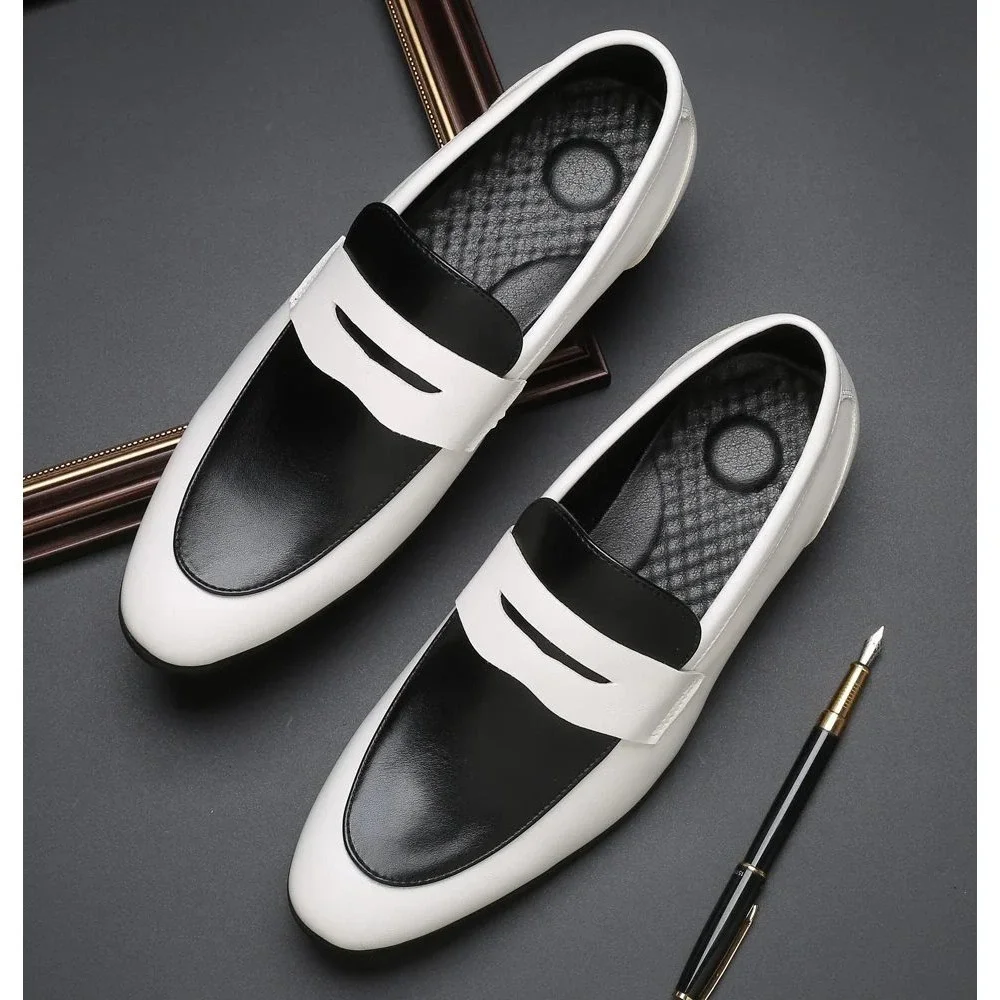 Santimon Men's US 11 White/Black Penny Loafers Slip On Dress Shoes